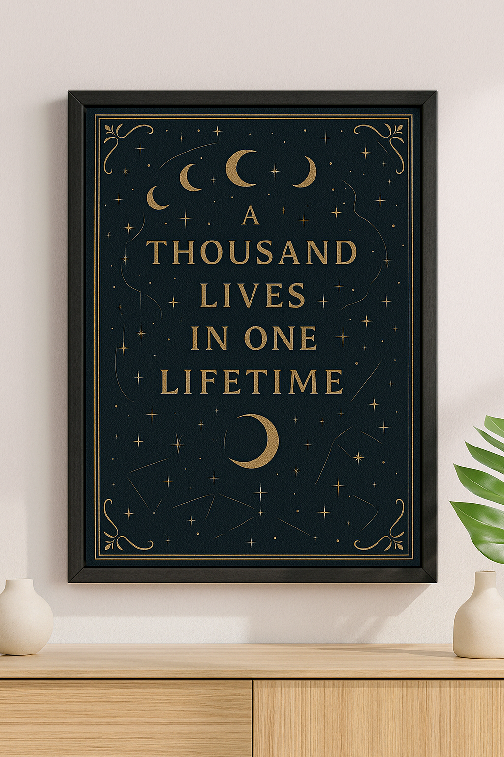 A Thousand Lives in One Lifetime Print  Celestial Book Lover Wall Art  Gold Moon and Stars Literary Poster Book Lover Gift