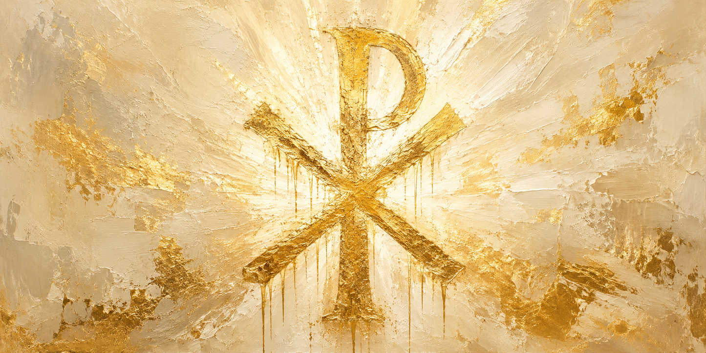 Chi Rho Christogram gold leaf on ivory abstract Christian canvas wall art