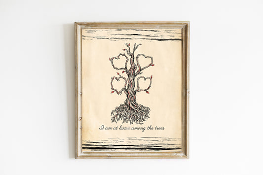 I am at Home Among the Trees Canvas Print -  Gift for Nature Lover - Naturalist Wall Art Vintage Tree - Vintage Tree Drawing Canvas