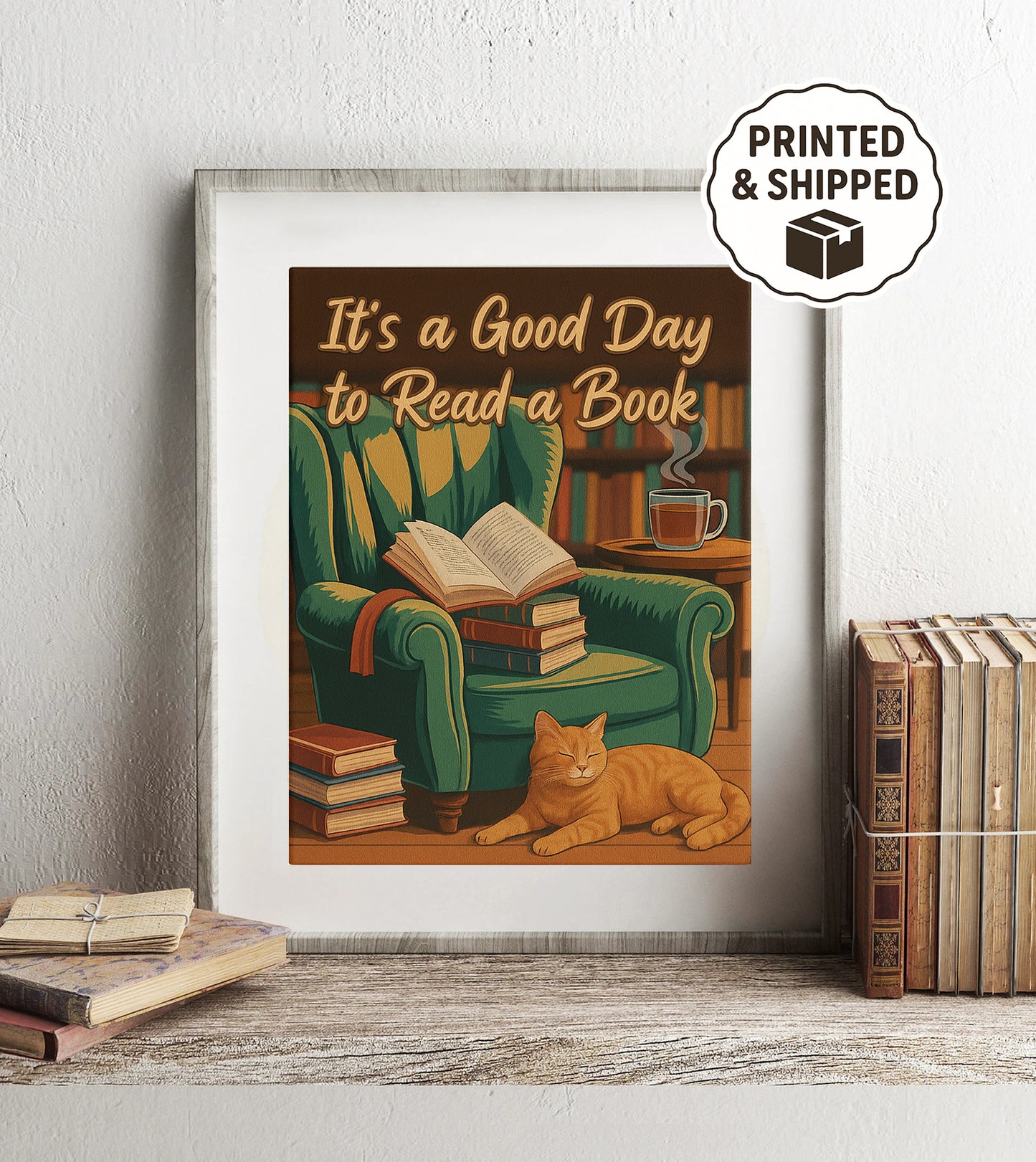 It’s a Good Day to Read a Book Sign  Cozy Cat Reading Poster Vintage Book Art Book Lover Wall Art  Vintage Reading Room Artwork