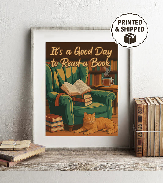 It’s a Good Day to Read a Book Sign  Cozy Cat Reading Poster Vintage Book Art Book Lover Wall Art  Vintage Reading Room Artwork