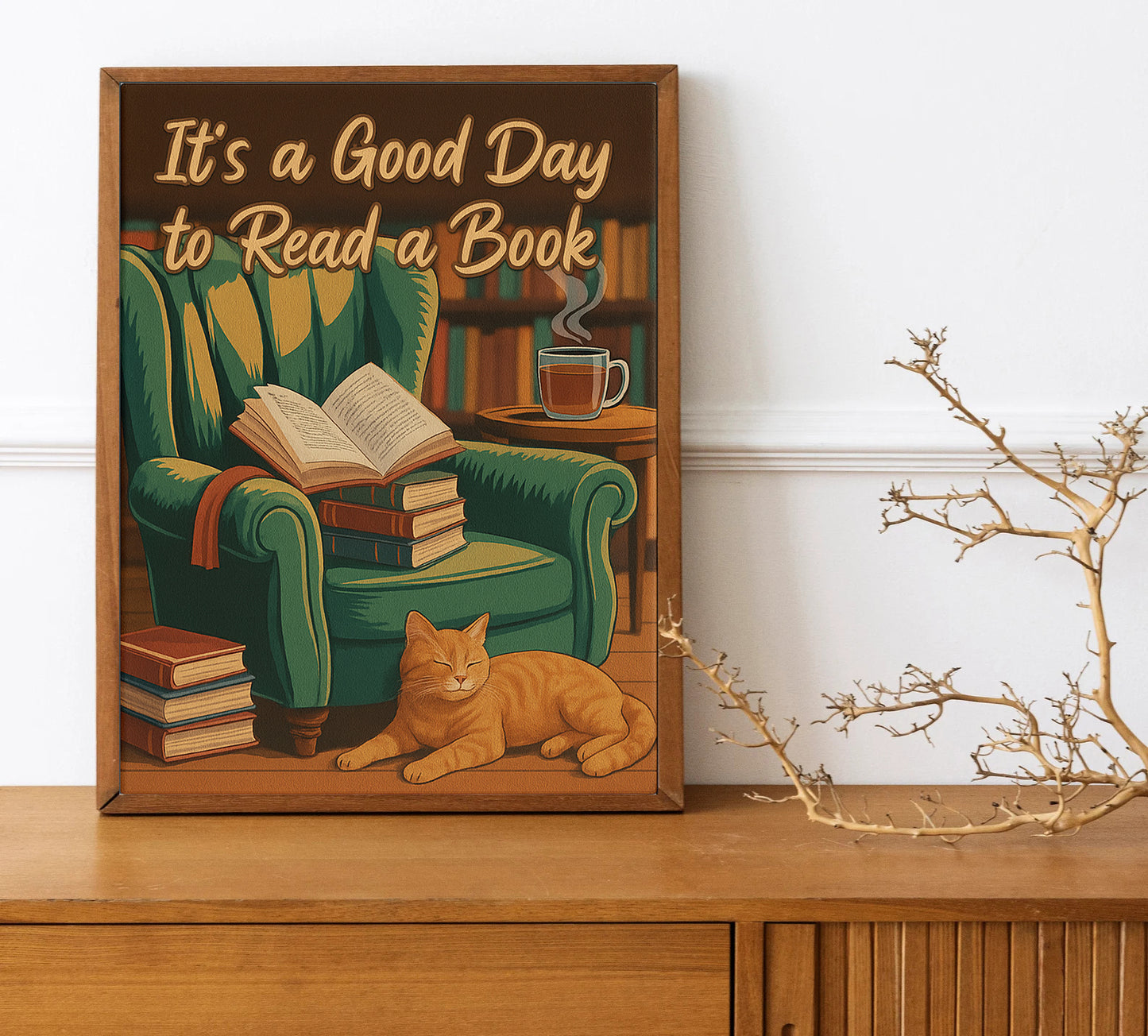 It’s a Good Day to Read a Book Sign  Cozy Cat Reading Poster Vintage Book Art Book Lover Wall Art  Vintage Reading Room Artwork