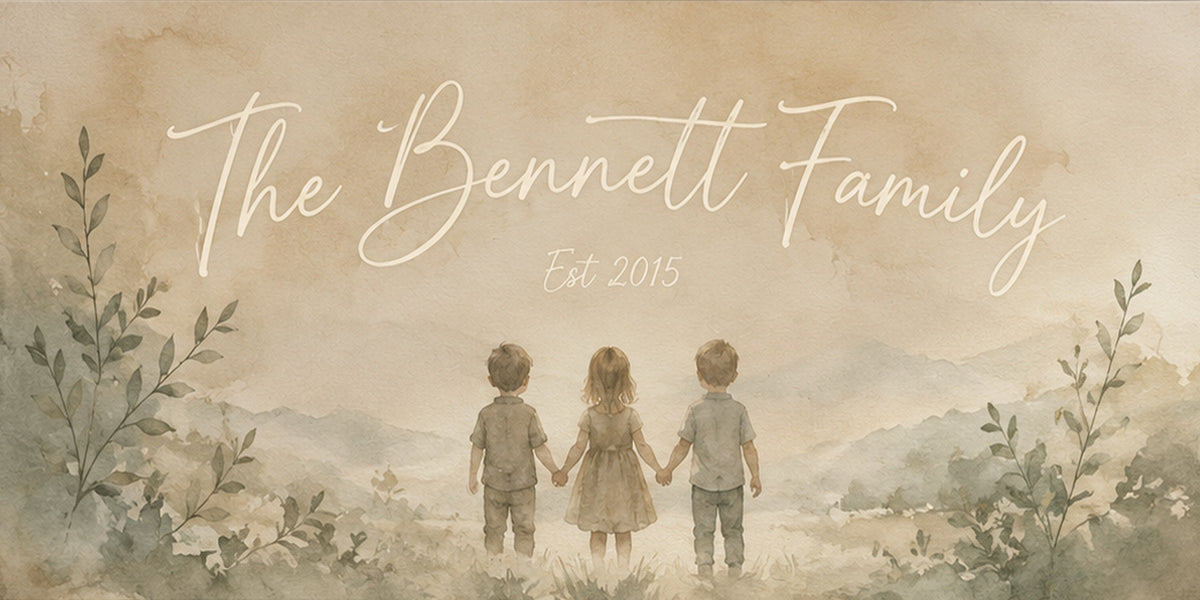 Flat artwork: custom family name in script over a soft watercolour valley with three children holding hands