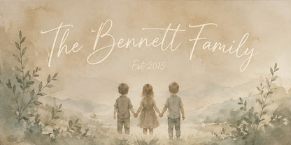 Flat artwork: custom family name in script over a soft watercolour valley with three children holding hands