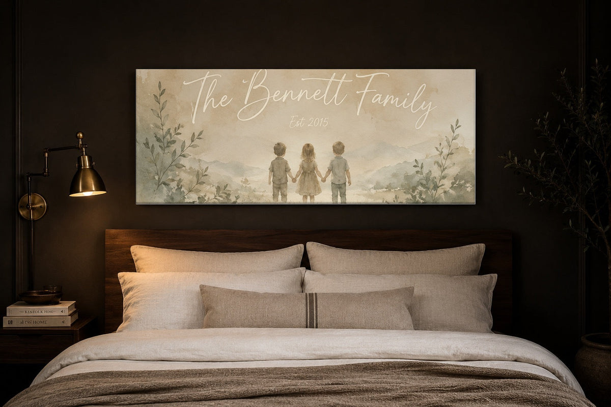 Personalized family established canvas hung above a bed in an espresso bedroom with brass lamps