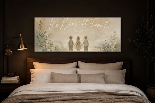 Personalized family established canvas hung above a bed in an espresso bedroom with brass lamps