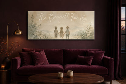Family established canvas above a plum velvet sofa in a dark living room