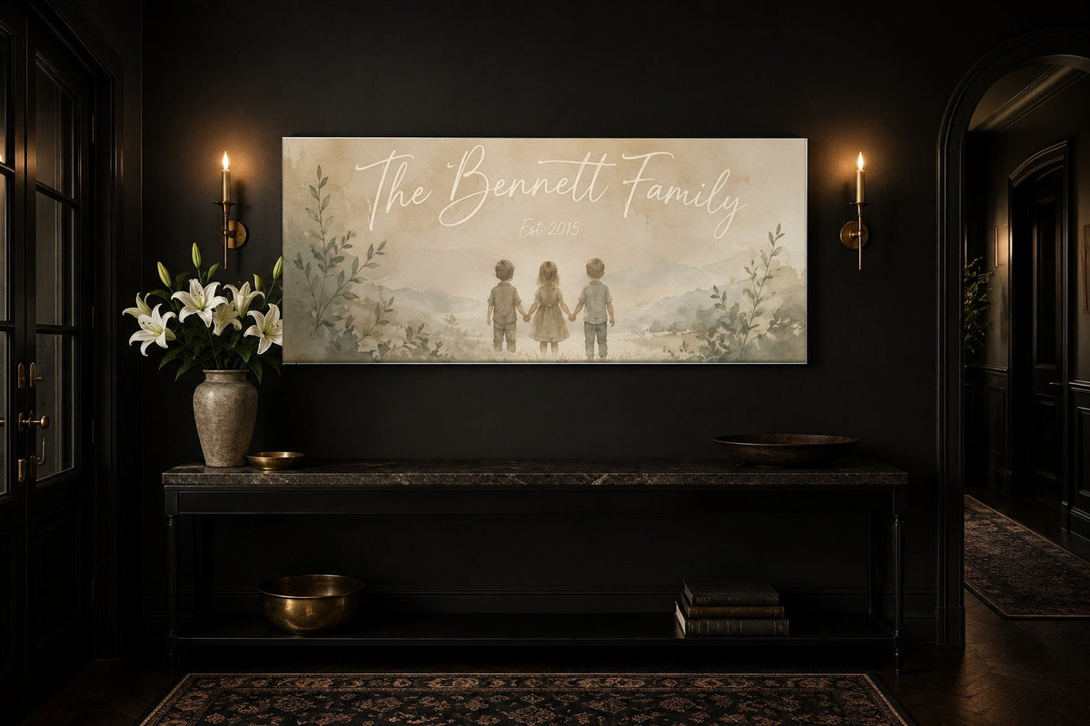 Family established canvas above a console table in a black entryway with brass sconces and white lilies