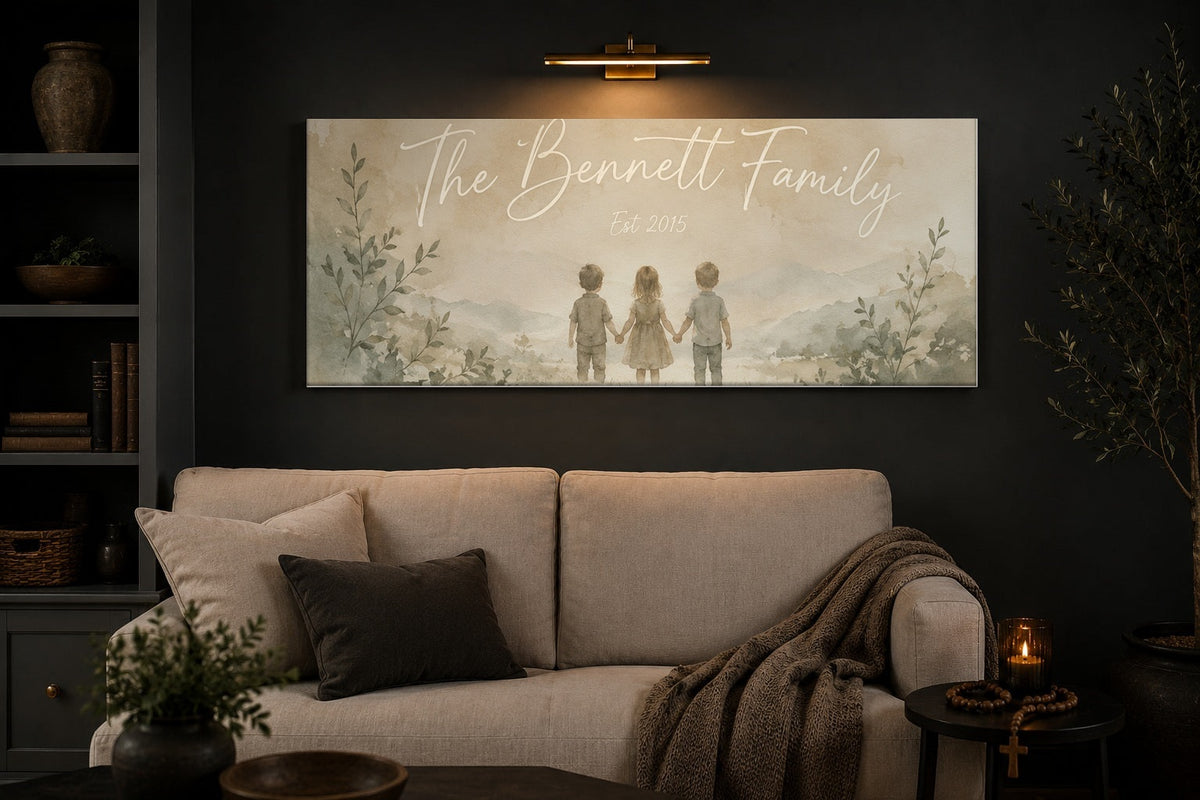 Family established canvas above a linen sofa in a charcoal living room with a brass picture light