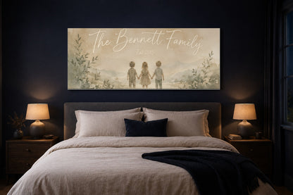 Family established canvas above a bed in a navy bedroom with matching bedside lamps
