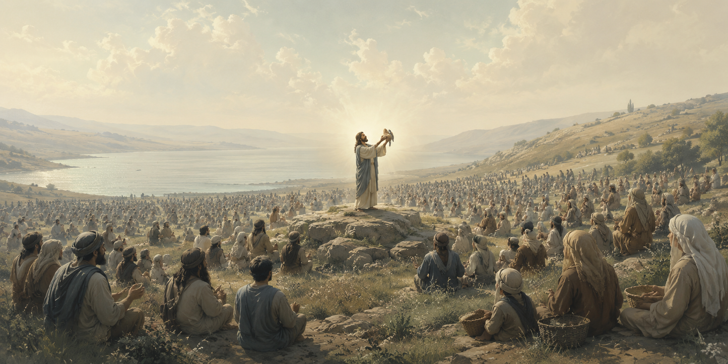 Feeding 5000 Loaves & Fishes Christian Canvas — Staged Above-Bed Wall Mockup