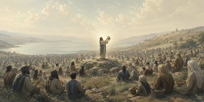Feeding 5000 Loaves & Fishes Christian Canvas — Staged Above-Bed Wall Mockup