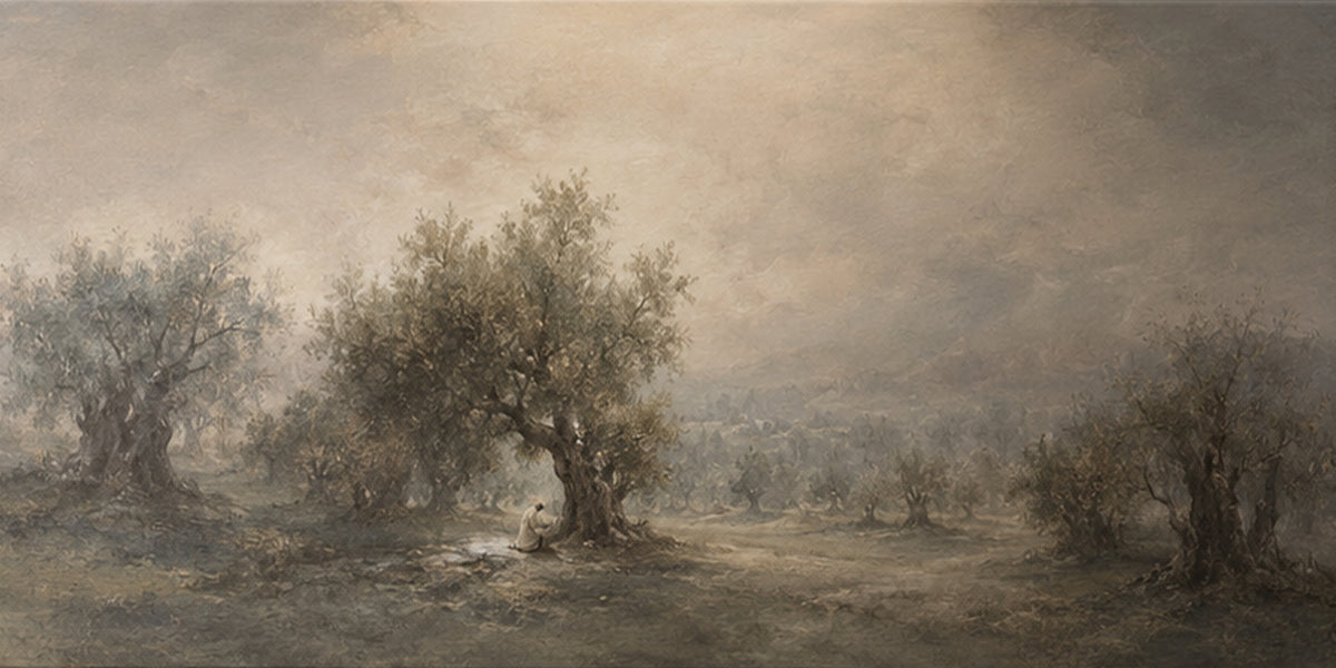 Textless flat artwork: robed figure kneeling alone beneath an olive tree in a hazy sepia Gethsemane grove