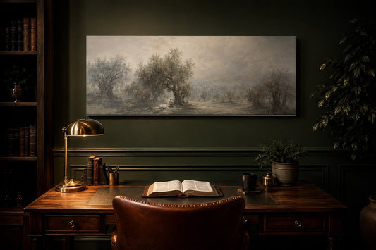 Jesus praying in Gethsemane panoramic canvas above a walnut desk in a deep green study with brass lamp and open Bible