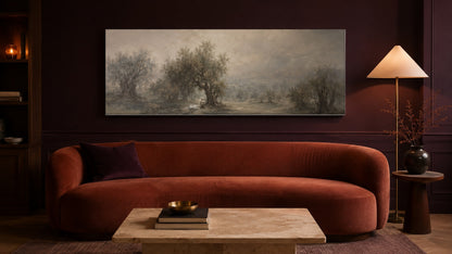 Gethsemane olive grove canvas above a rust velvet sofa in a burgundy living room