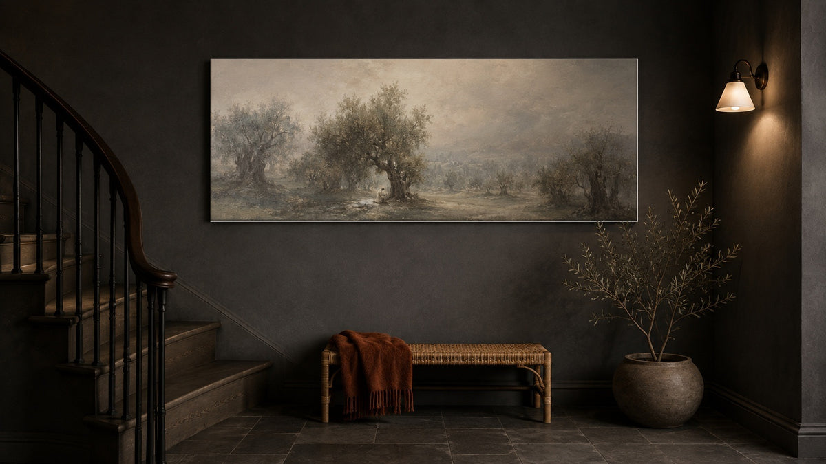 Gethsemane canvas on a charcoal wall beside a dark staircase entryway