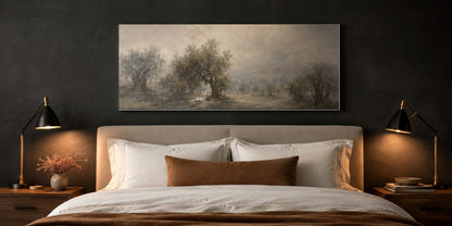Gethsemane panoramic canvas hung above a bed in a charcoal bedroom with brass reading lamps