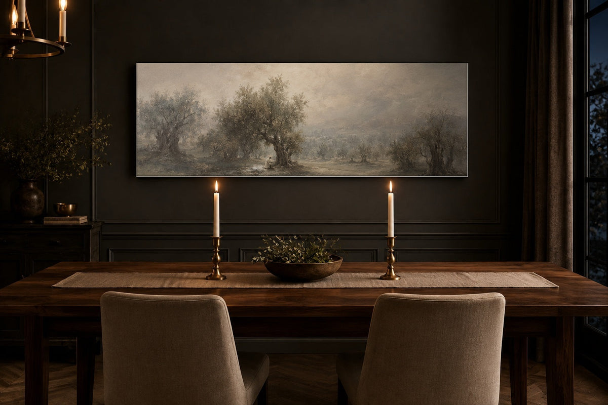 Gethsemane canvas above a walnut dining table with taper candles in a charcoal dining room
