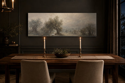 Gethsemane canvas above a walnut dining table with taper candles in a charcoal dining room