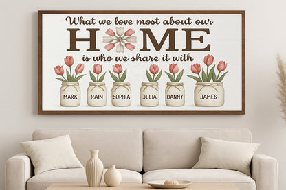 Personalized Family Home Sign with Names Custom Mason Jar Flower Wall Art What We Love Most About Our Home Sign