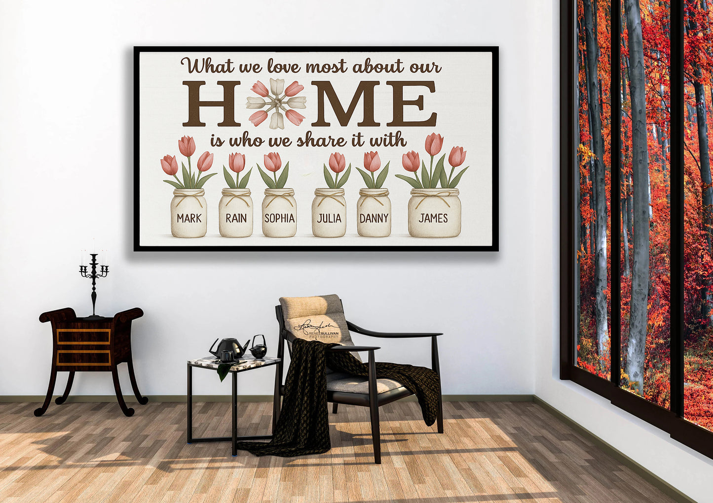 Personalized Family Home Sign with Names Custom Mason Jar Flower Wall Art What We Love Most About Our Home Sign
