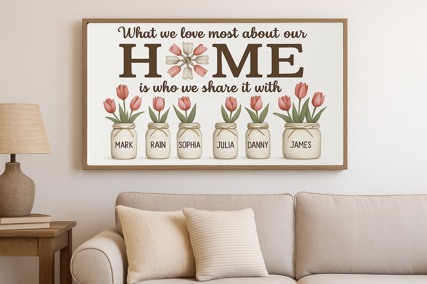 Personalized Family Home Sign with Names Custom Mason Jar Flower Wall Art What We Love Most About Our Home Sign
