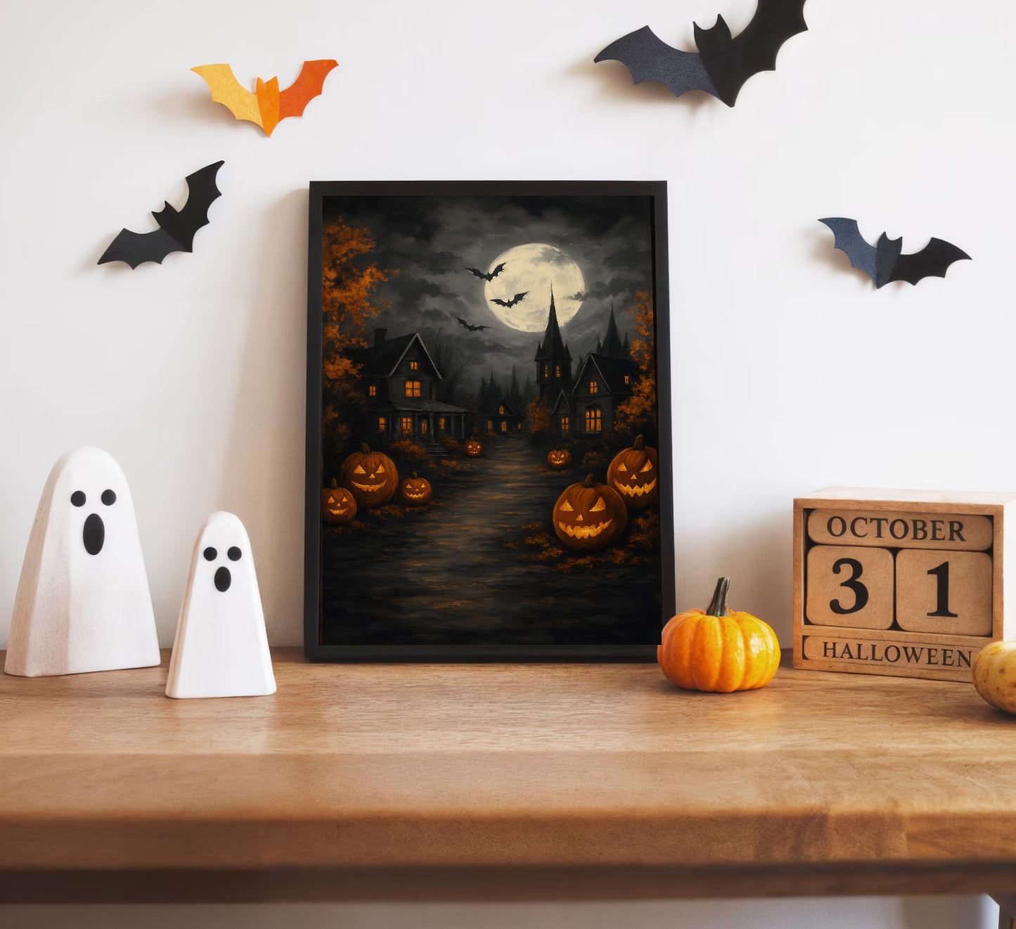 Haunted Halloween Town Art Print  Pumpkin Patch Night Canvas Gothic Moon Wall Decor Spooky Home Decoration Gift