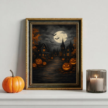 Haunted Halloween Town Art Print  Pumpkin Patch Night Canvas Gothic Moon Wall Decor Spooky Home Decoration Gift