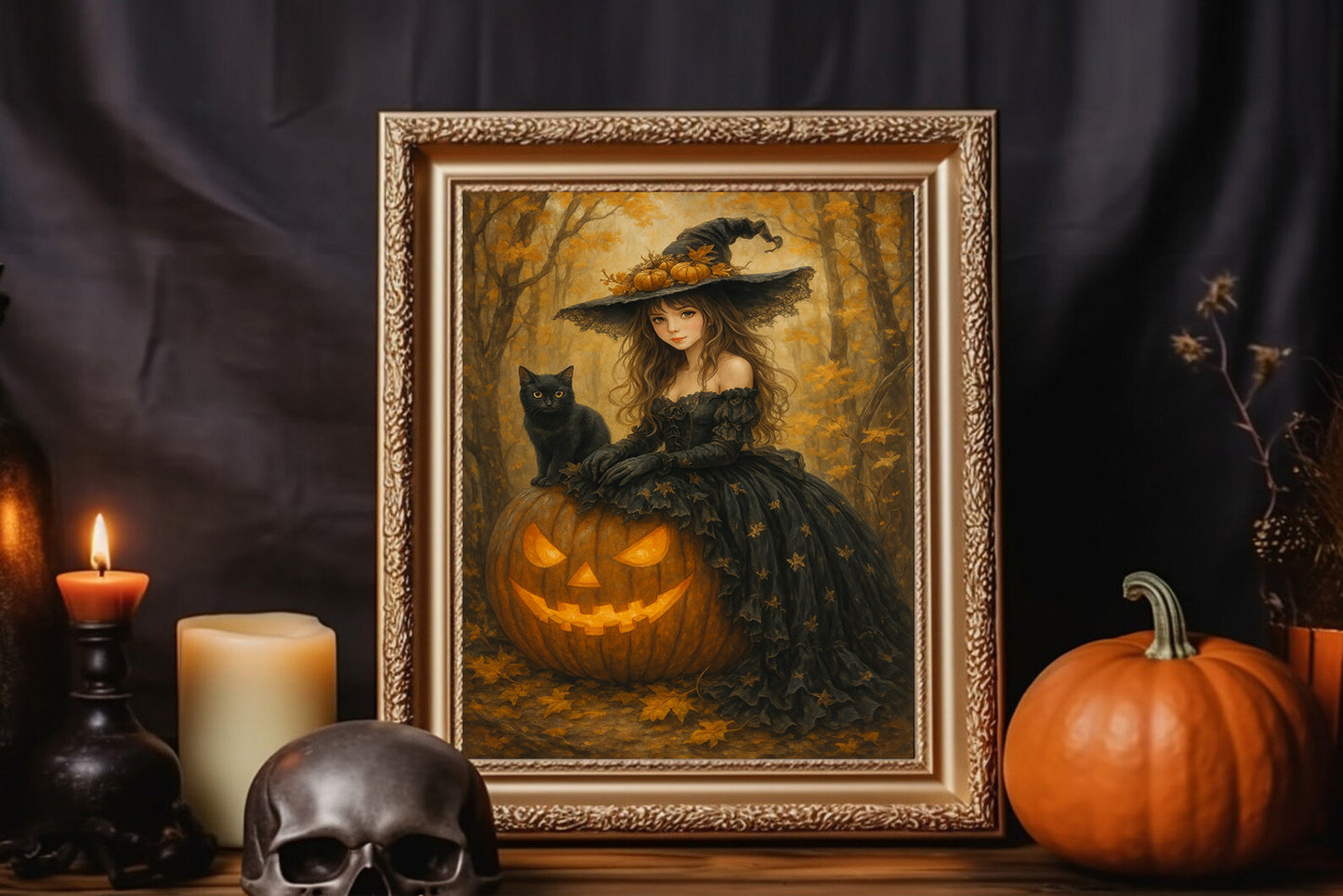 Halloween Witch Art Print Gothic Girl with Black Cat & Pumpkin Print Spooky Fall Wall Decor for Witchy Home