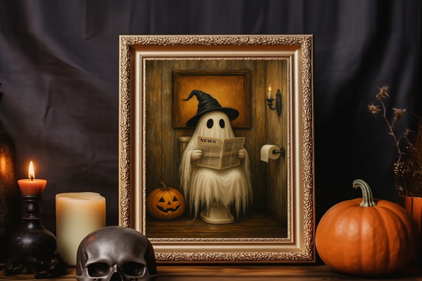 Funny Ghost Bathroom Art  Halloween Wall Decor  Spooky Witch Ghost Reading Newspaper Print