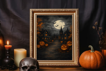 Haunted Halloween Town Art Print  Pumpkin Patch Night Canvas Gothic Moon Wall Decor Spooky Home Decoration Gift