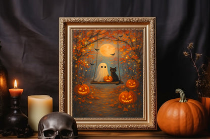 Cute Ghost and Black Cat Halloween Wall Art Spooky Pumpkin Cozy Fall Decor Autumn Night Artwork Witchy Home Decoration