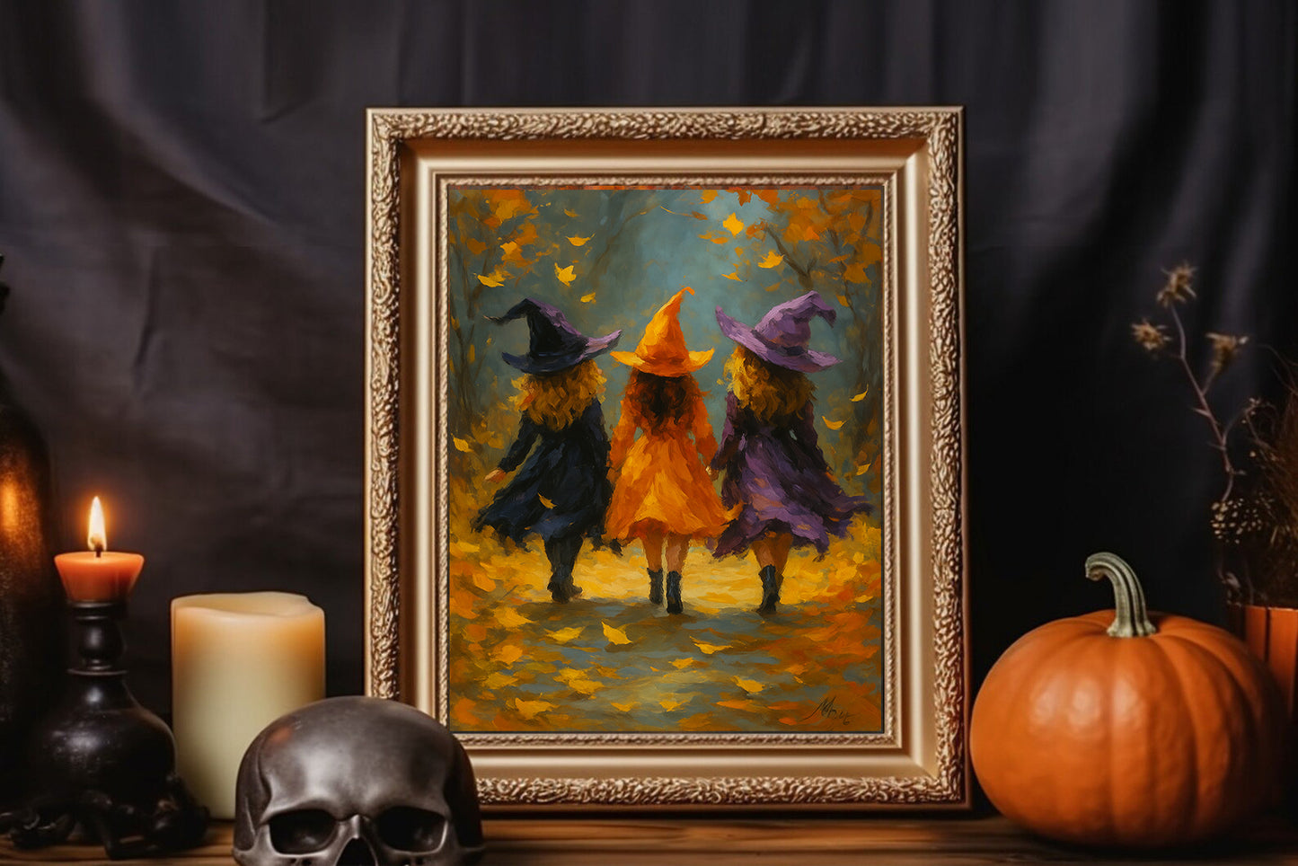 Witch Sisters in the Forest Halloween Wall Art Cozy Fall Witchcore Decor Autumn Witch Painting Spooky Season Print”