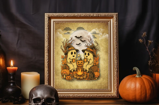 Vintage Halloween Ghost Couple Print – Spooky Wall Art, Witch Hat Ghosts, Pumpkin Campfire, Gothic Fall Home Decor
