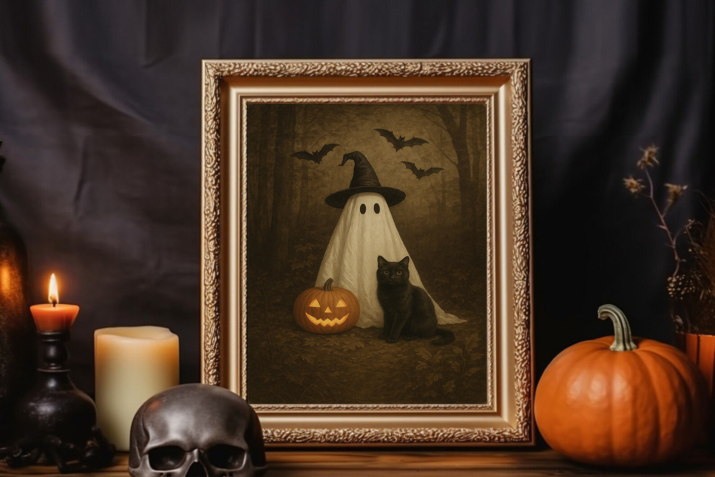 Cute Ghost and Black Cat in Dark Forest Wall Art,  Spooky Halloween Wall Art, PRINTABLE Vintage Halloween Print