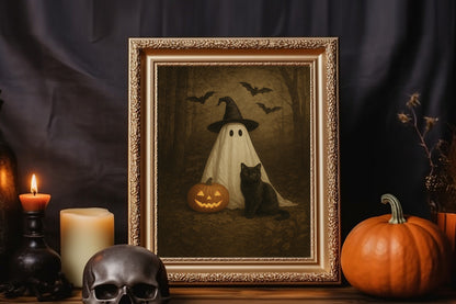 Cute Ghost and Black Cat in Dark Forest Wall Art,  Spooky Halloween Wall Art, PRINTABLE Vintage Halloween Print