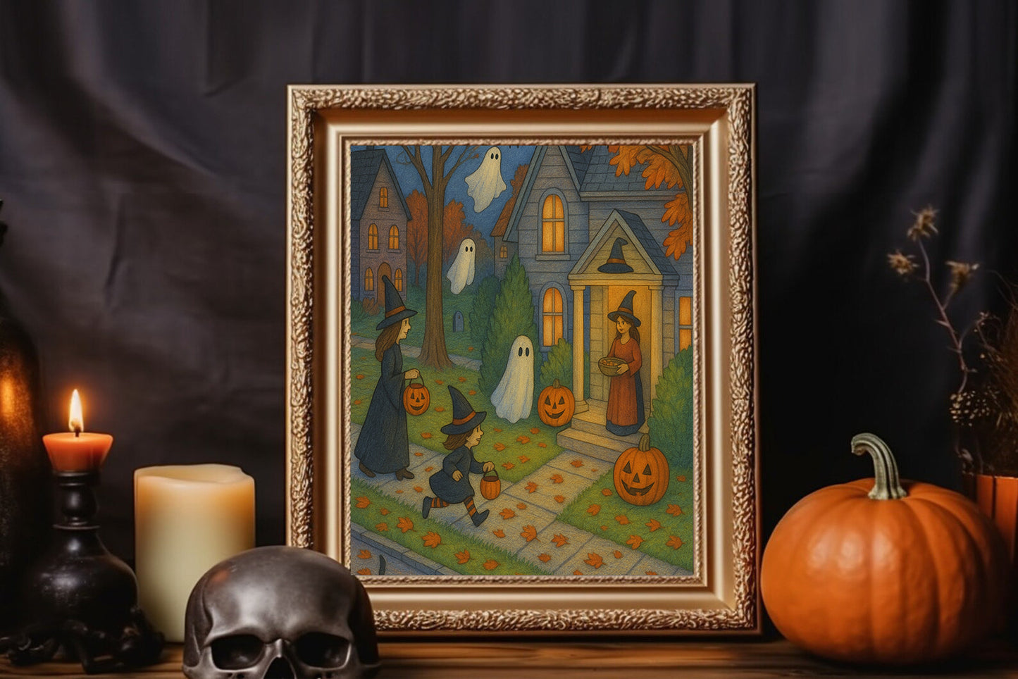 Spooky Halloween Fall Painting, Vintage Haunted House Wall Art, Kids Room Halloween Decor, Autumn Spooky Print
