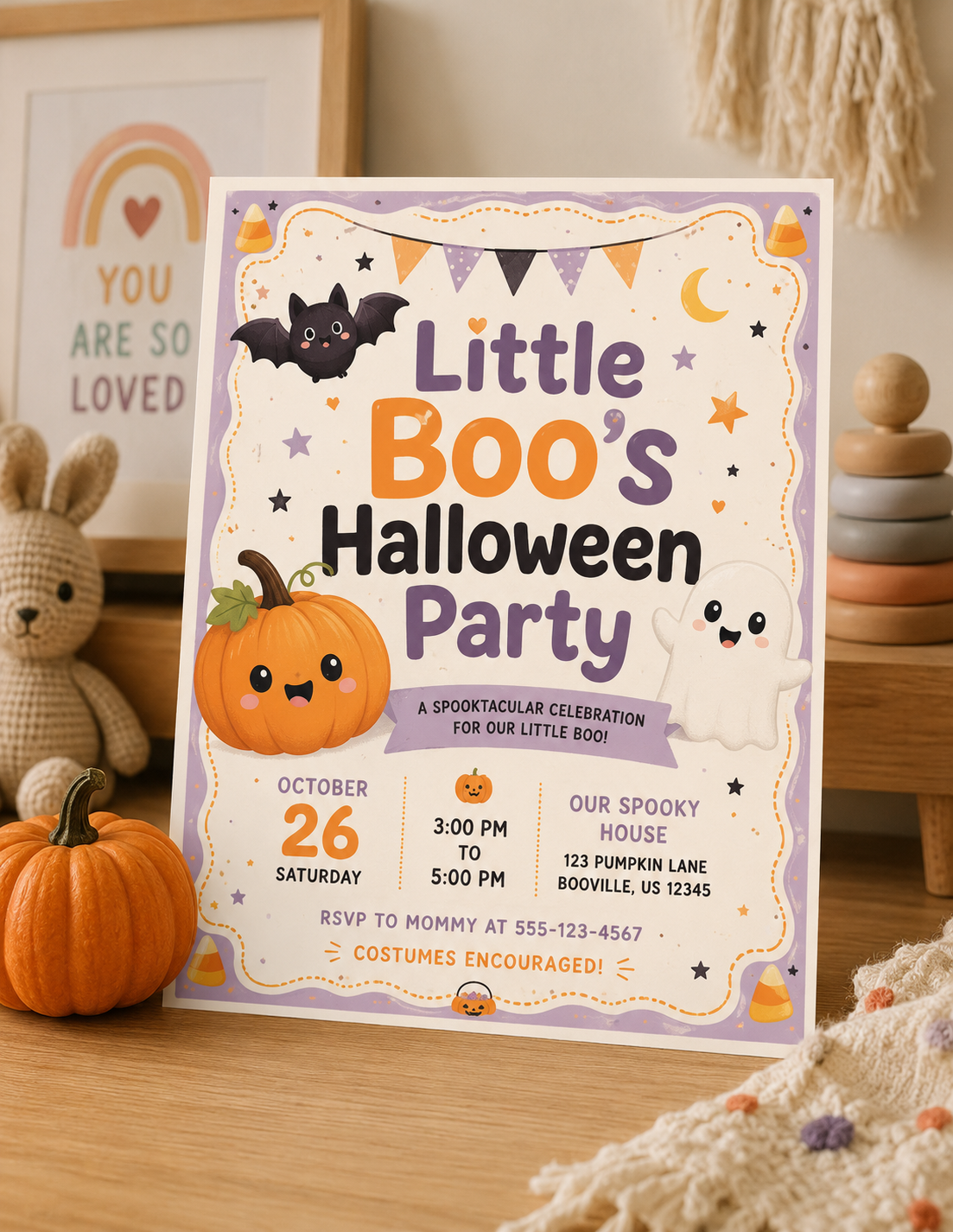 Custom Kids Age 3 Halloween Party Bundle Toddler Halloween Invitation Digital Download Staged
