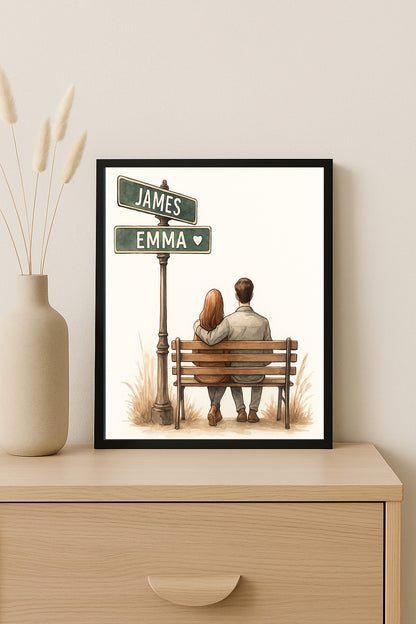Couple Bench Illustration Custom Name Signpost Romantic Gift  Valentine’s Day