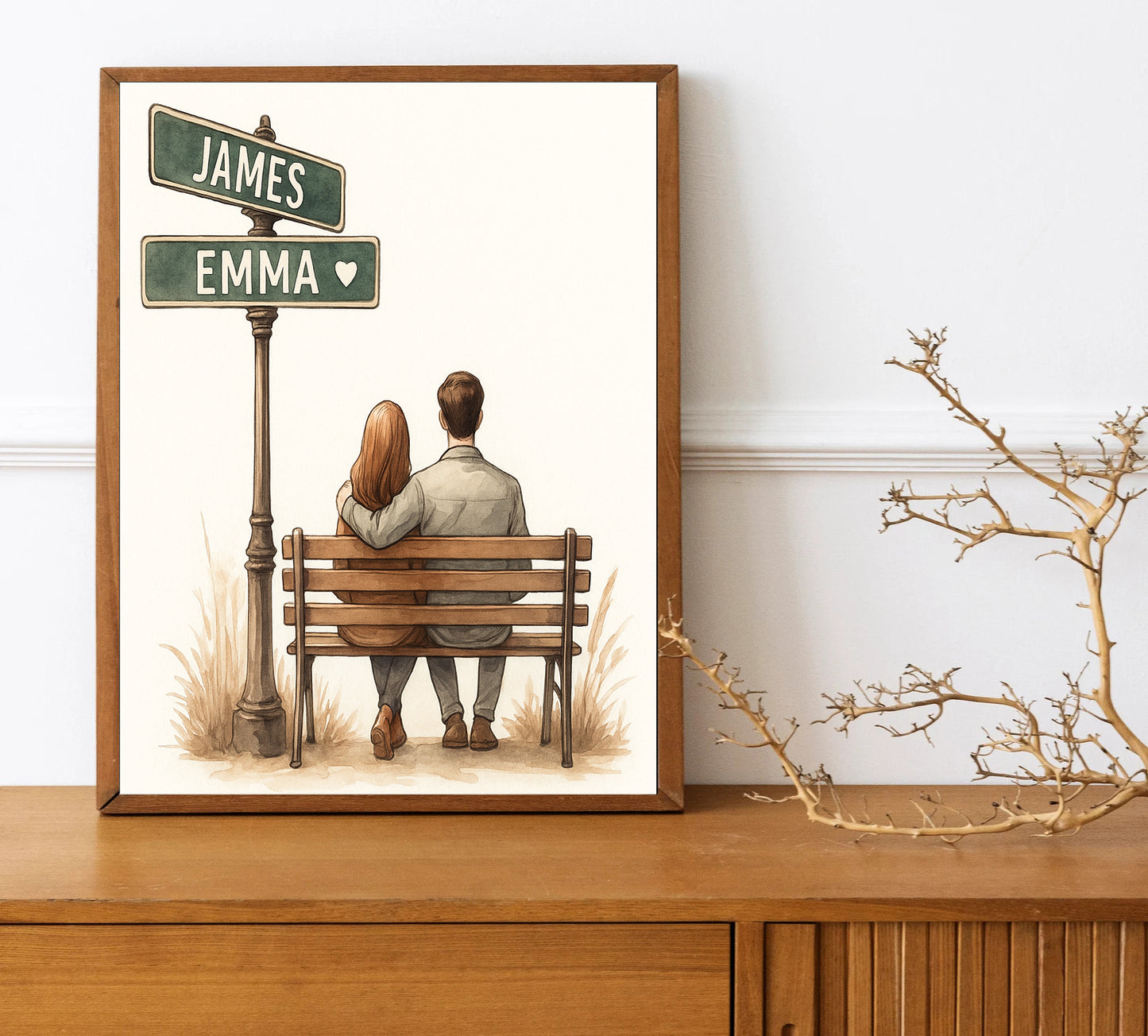 Couple Bench Illustration Custom Name Signpost Romantic Gift  Valentine’s Day