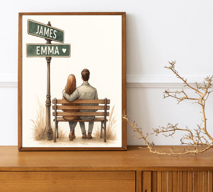 Couple Bench Illustration Custom Name Signpost Romantic Gift  Valentine’s Day