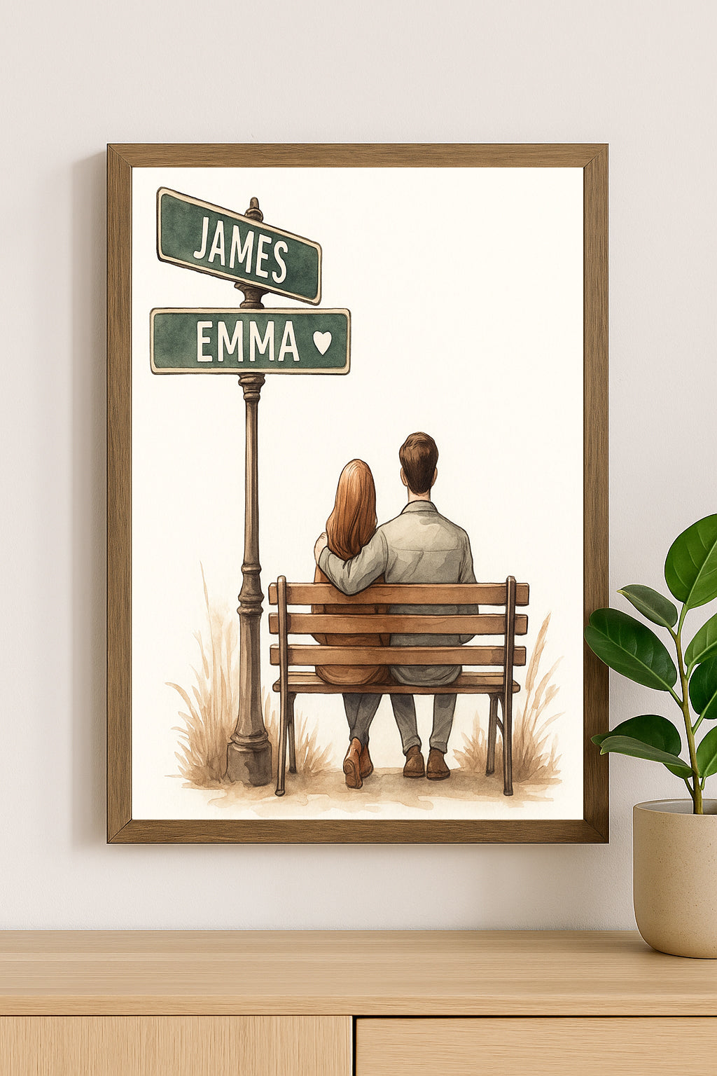 Couple bench illustration custom name signpost art romantic gift Valentine's Day decor