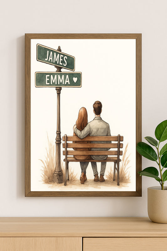 Couple bench illustration custom name signpost art romantic gift Valentine's Day decor