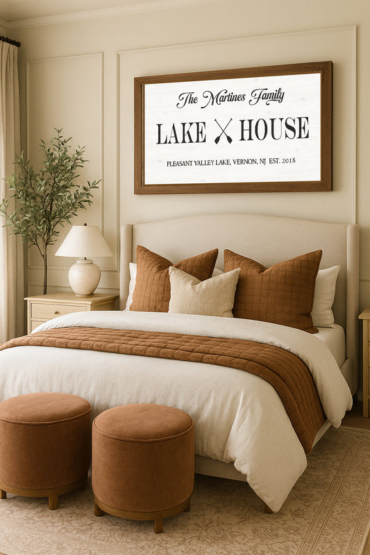 Personalized Lake House Sign | Custom Family Name Lake House Decor | Rustic Cabin Wall Art | Established Date Canvas Gift