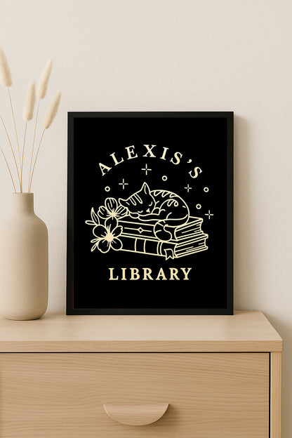 Personalized Library Sign Gothic Book Lover Wall Art  Custom Name Literary Decor Bat & Book Illustration Print