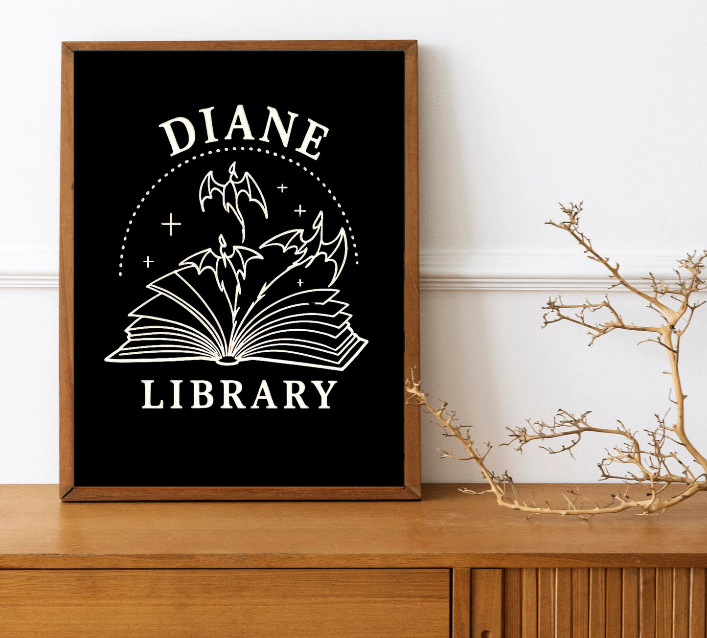 Personalized Library Sign Gothic Book Lover Wall Art  Custom Name Literary Decor Bat & Book Illustration Print