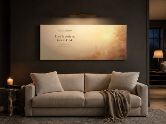 Personalized Love is Patient 1 Corinthians 13:4 panoramic canvas with couple names above a cream sofa in a dark charcoal living room