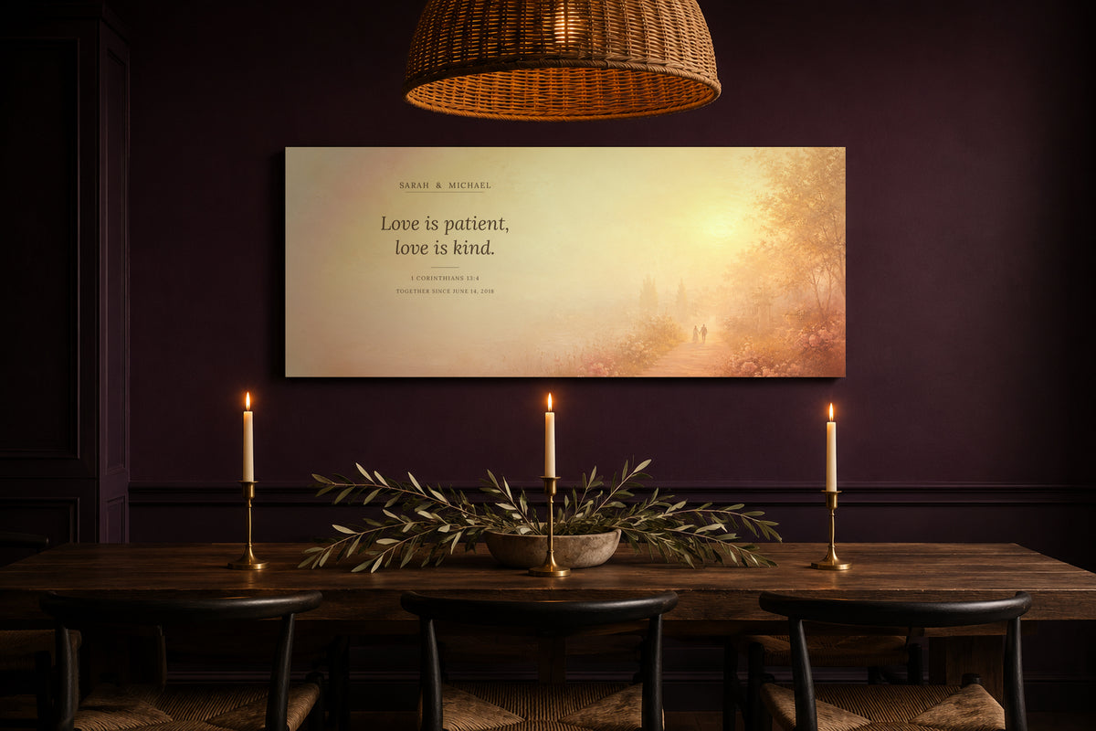 Personalized Love is Patient canvas in a plum dining room with brass taper candles