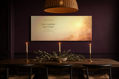 Personalized Love is Patient canvas in a plum dining room with brass taper candles