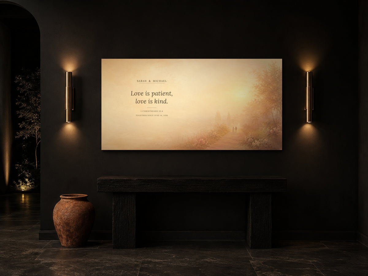 Personalized Love is Patient canvas in a black entryway between brass wall sconces